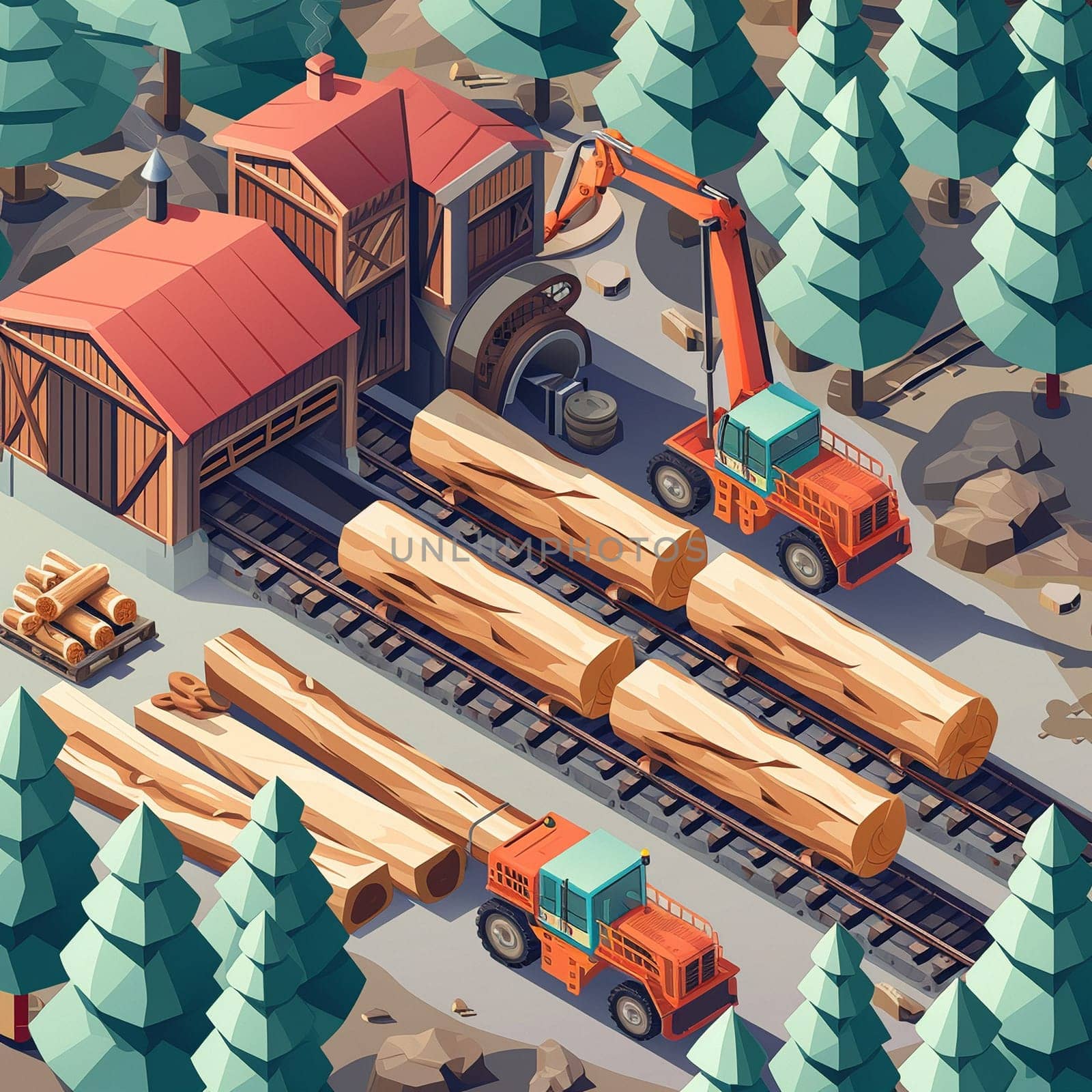 Project teamwork at sawmills. isometric illustration. High quality illustration