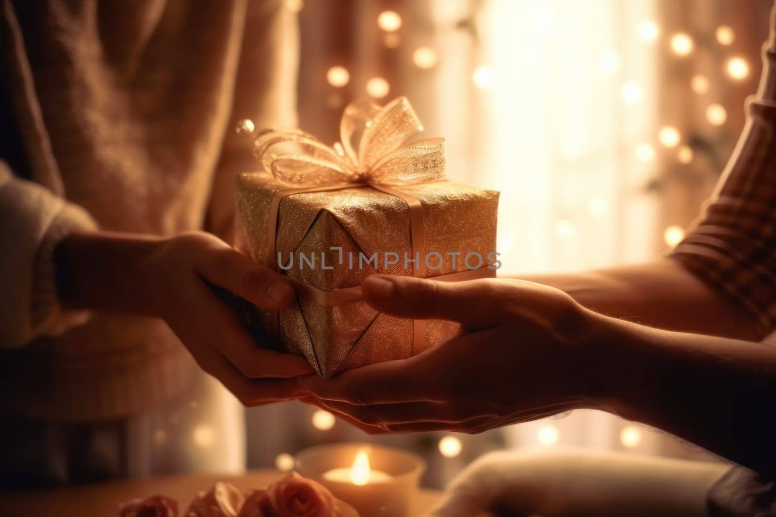 Close-up of hands giving a gift box in festival stock photography concepts.