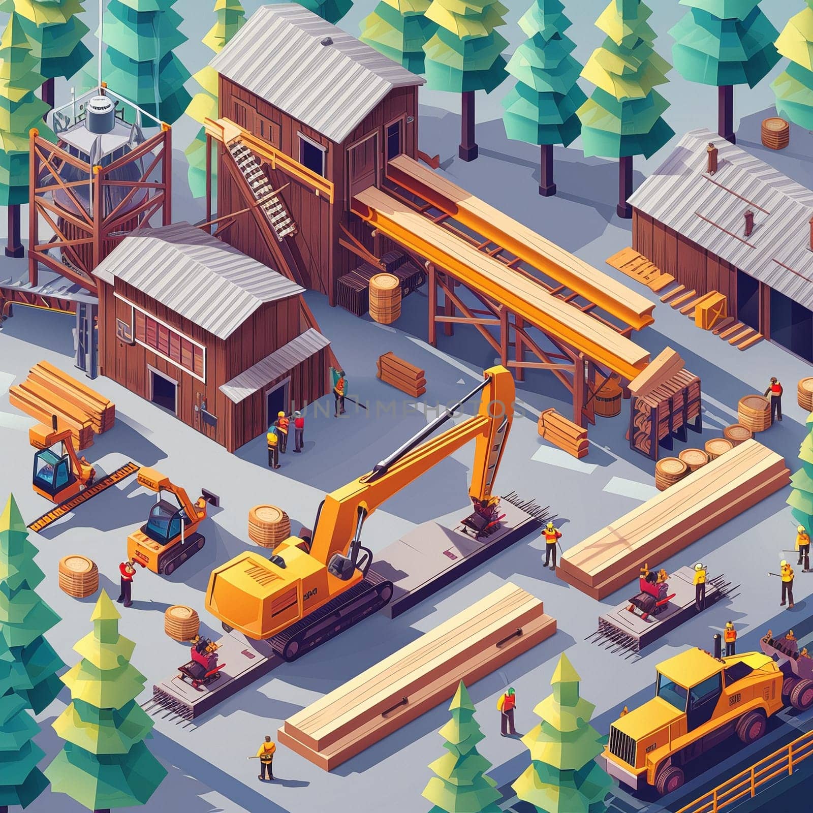 Project teamwork at sawmills. isometric illustration. High quality illustration