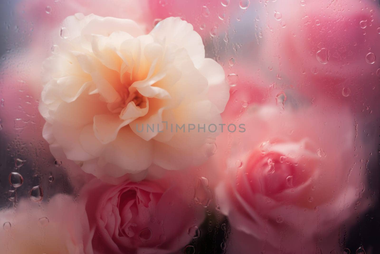 Background of blooming flowers in front of glass with water drops.