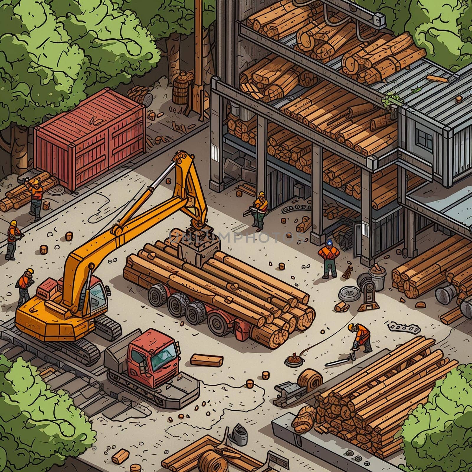 Project teamwork at sawmills. isometric illustration. High quality illustration