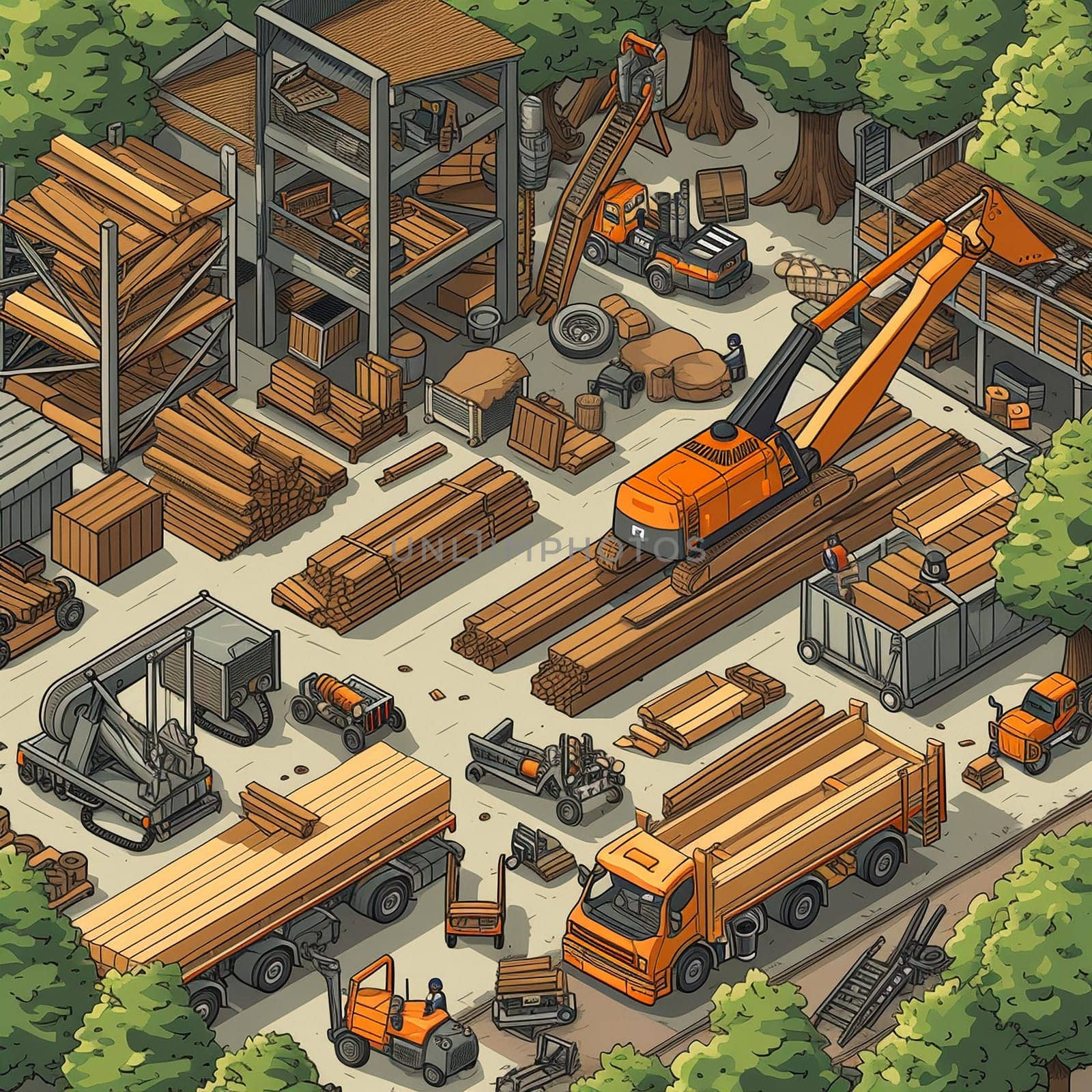 Project teamwork at sawmills. isometric illustration by NeuroSky