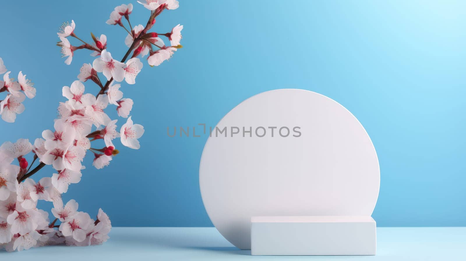 Abstract White Minimal Wall Design: Clean and Bright Empty Geometric Stage with Pink Flowers by Vichizh