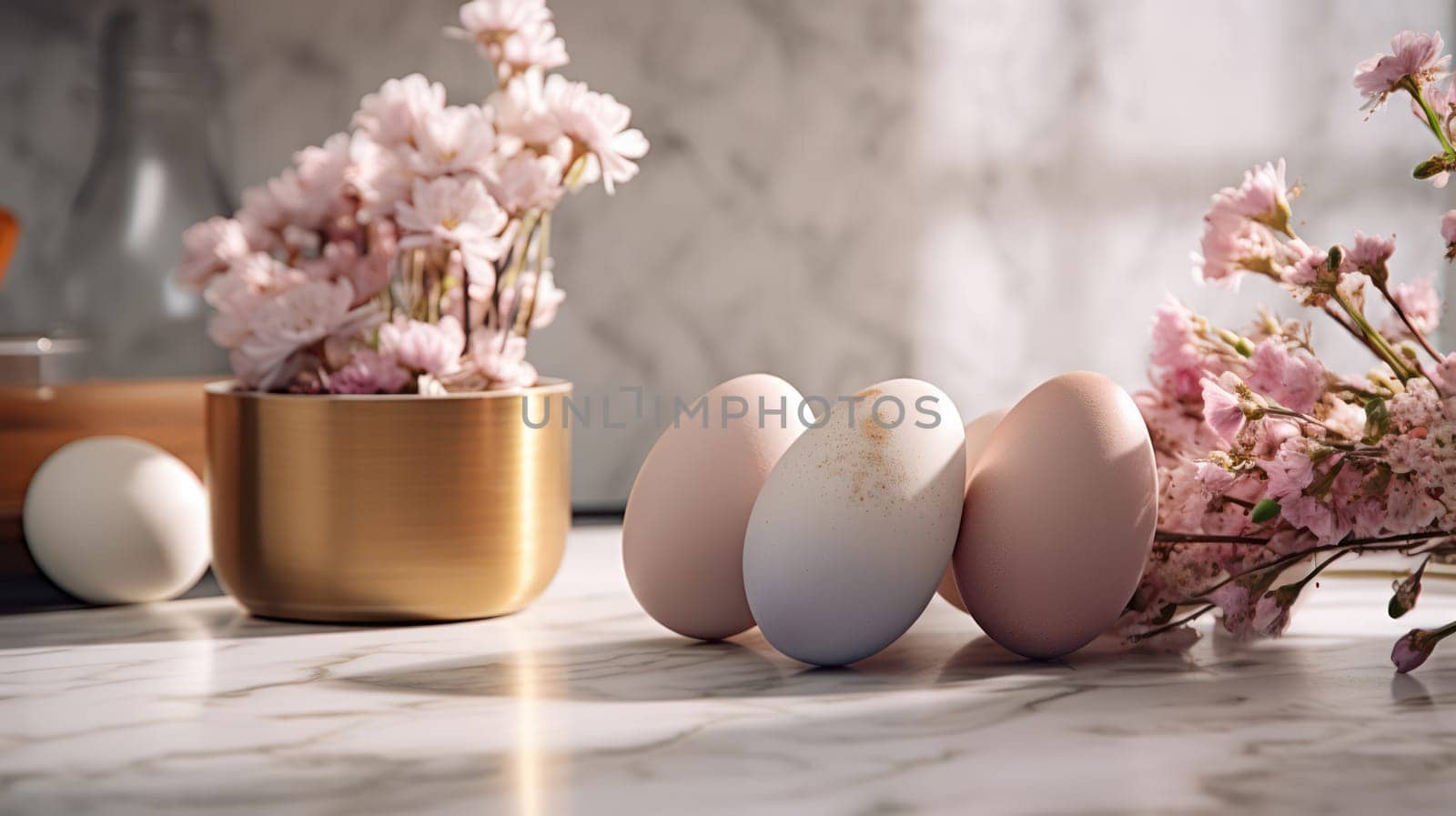 Spring Celebration: A Colorful Table of Decorative Easter Eggs, Fresh Tulips, and Healthy Breakfast in Nature's Color Palette by Vichizh