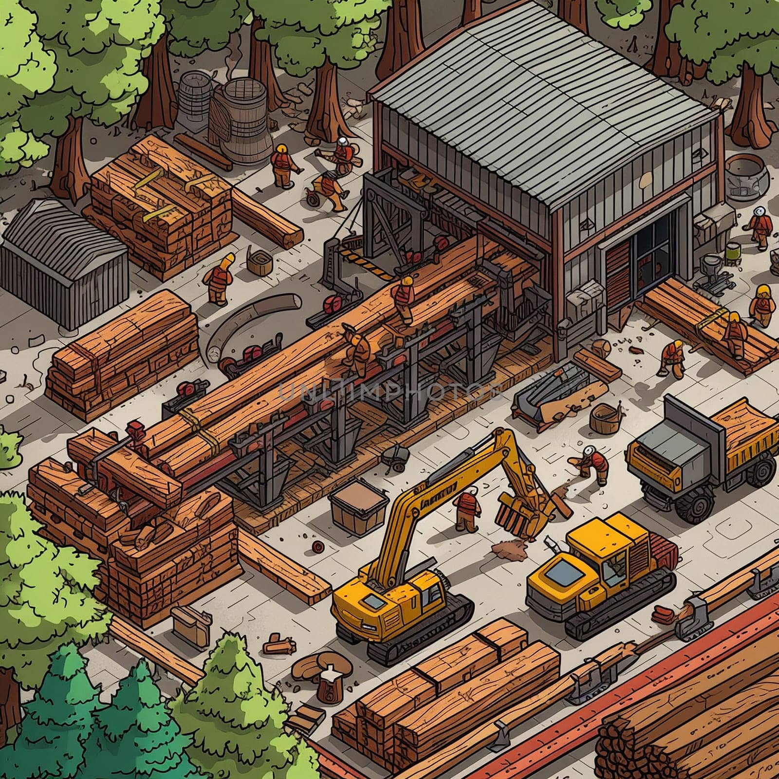 Project teamwork at sawmills. isometric illustration by NeuroSky