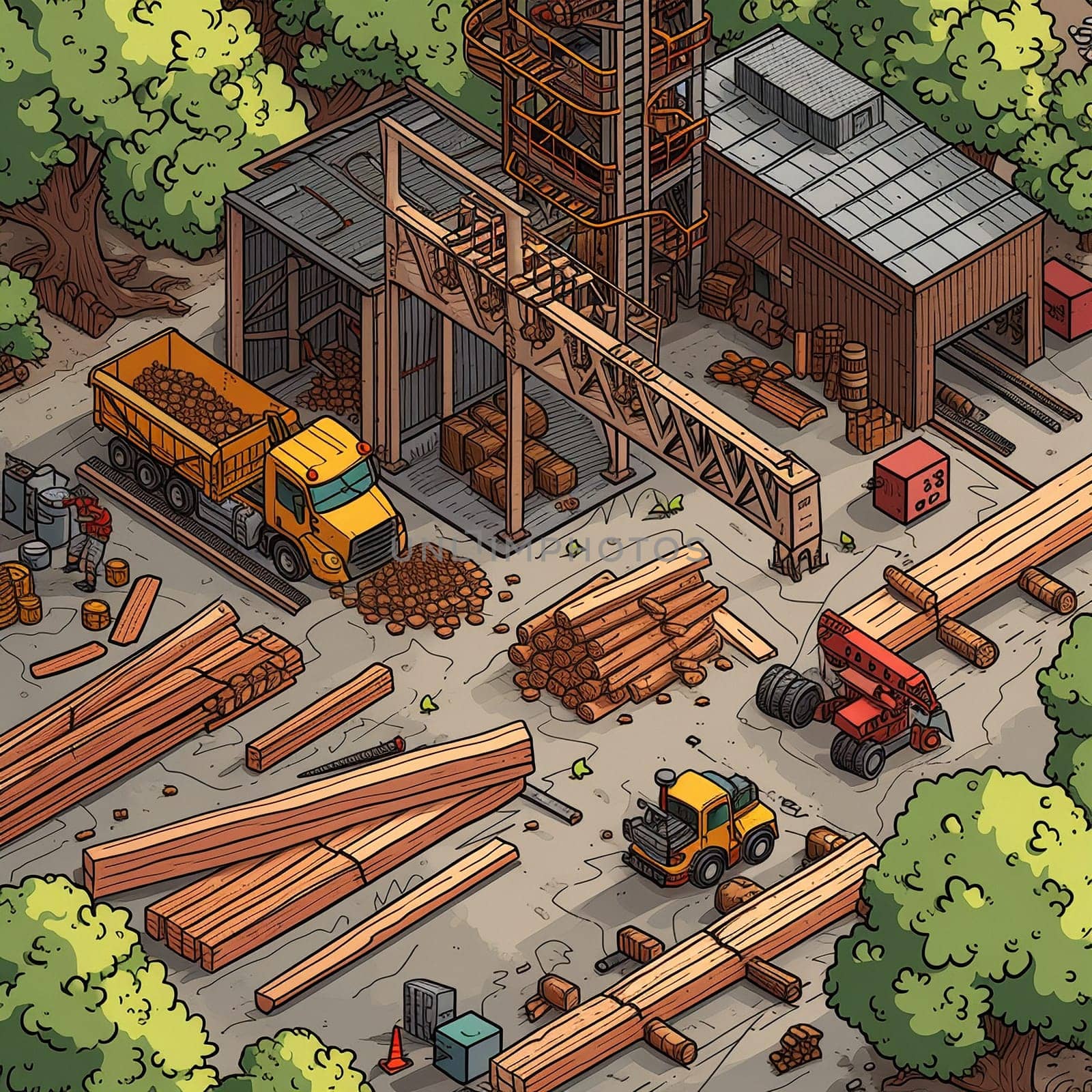 Project teamwork at sawmills. isometric illustration by NeuroSky