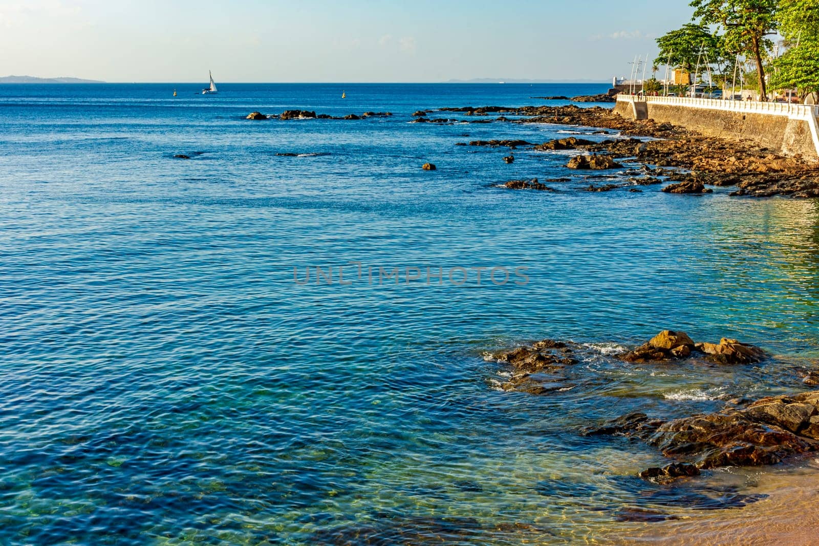 Seafront of the city of Salvador in Bahia in the Porto da Barra neighborhood in a sunny summer day