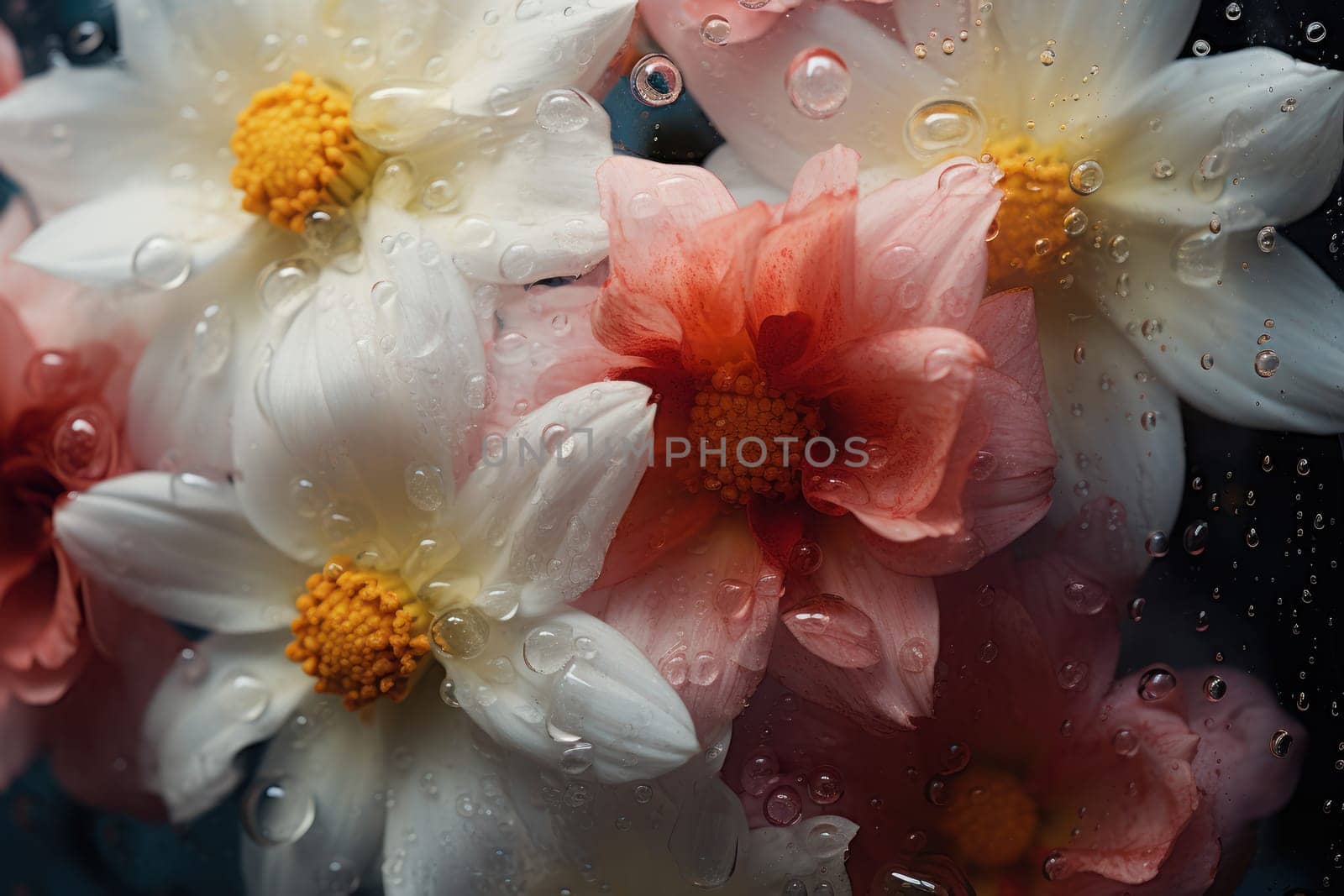 Background of blooming flowers in front of glass with water drops.