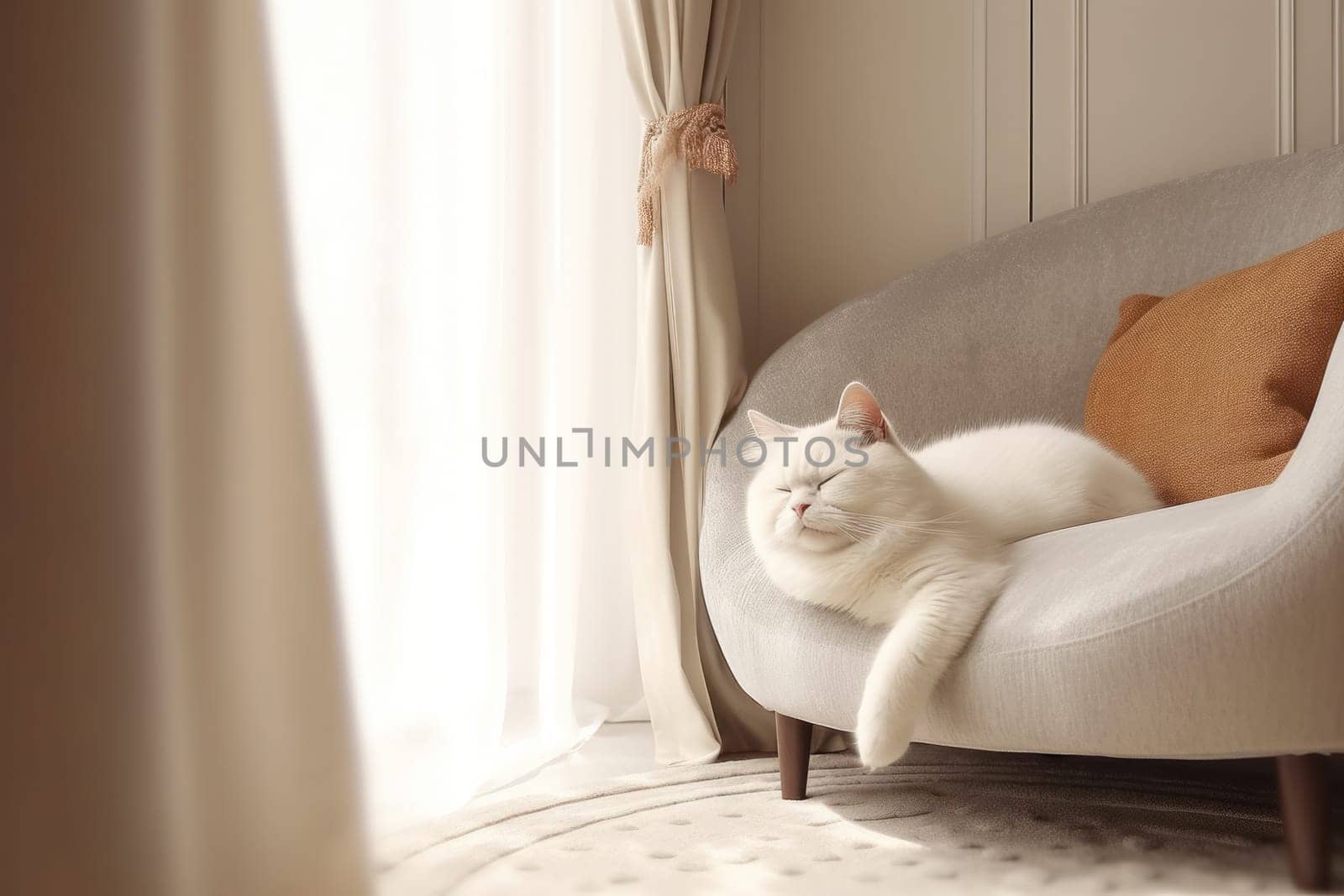 Modern living room interior Cute cat near couch.