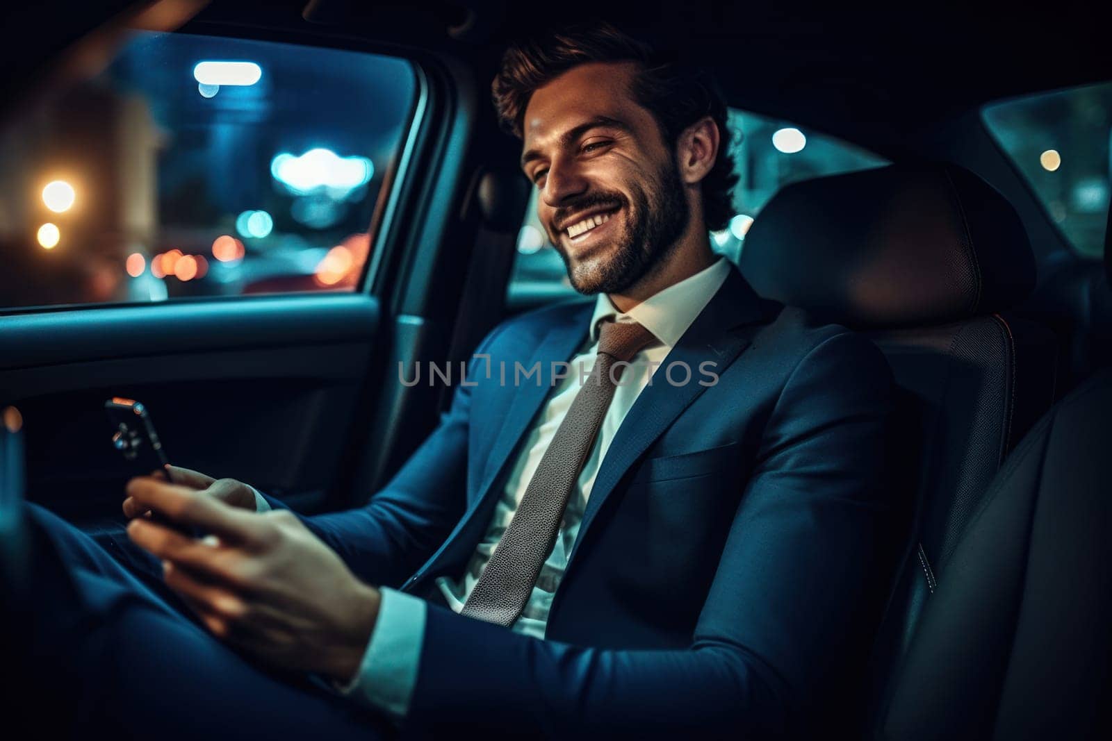 Businessman inside of a car looking at the mobile phone or using mobile phone by nijieimu