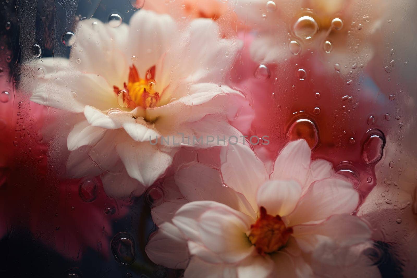 Background of blooming flowers in front of glass with water drops.