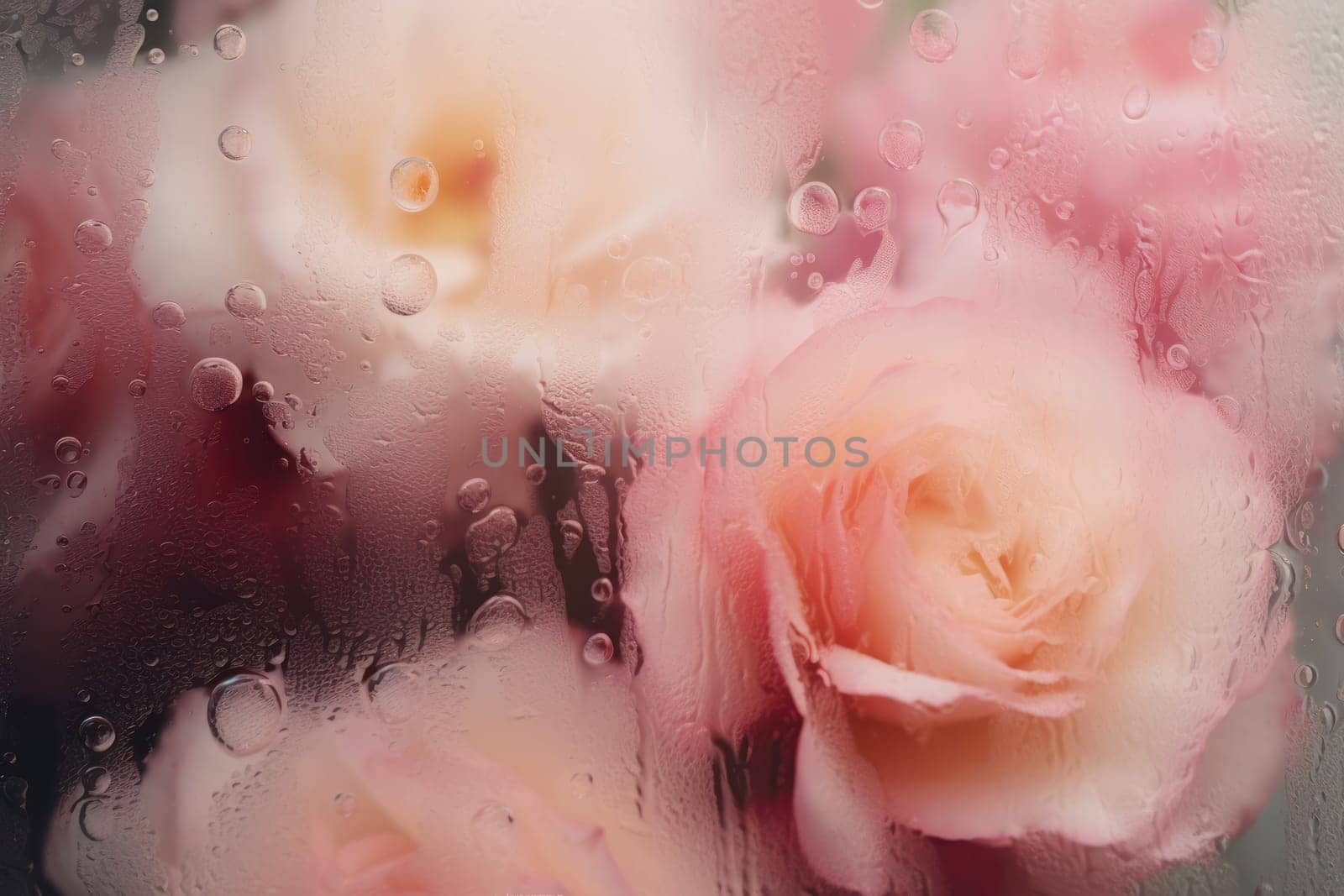 Background of blooming flowers in front of glass with water drops.