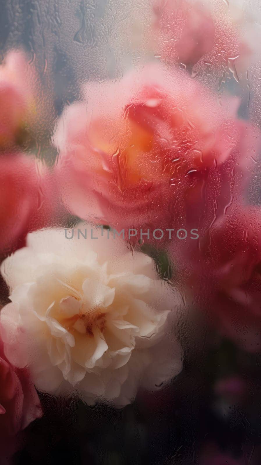 Background of blooming flowers in front of glass with water drops.