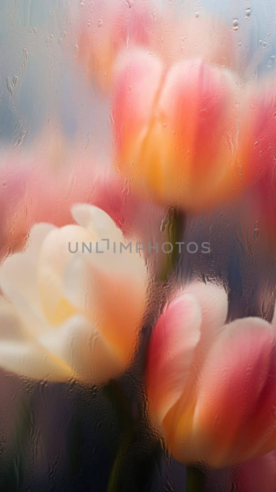 Background of blooming flowers in front of glass with water drops.