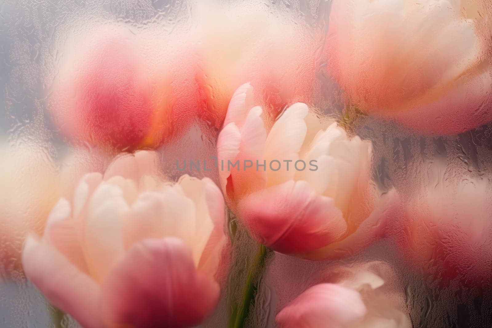 Background of blooming flowers in front of glass with water drops by nijieimu