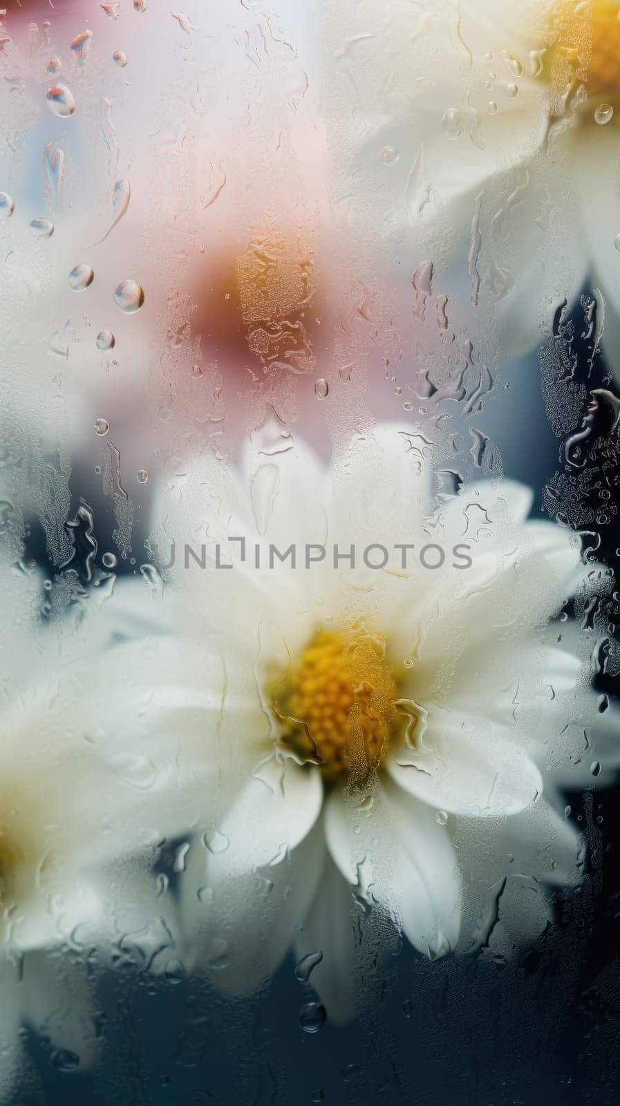 Background of blooming flowers in front of glass with water drops.