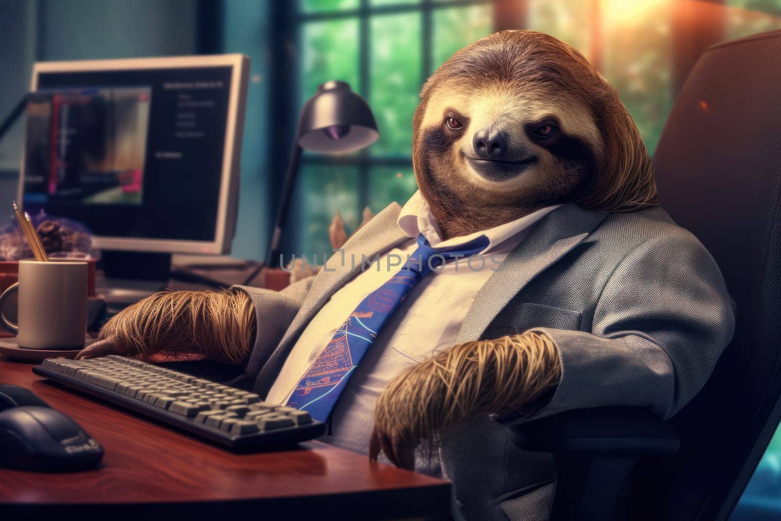 Photo sloth being lazy in the office Generative AI.