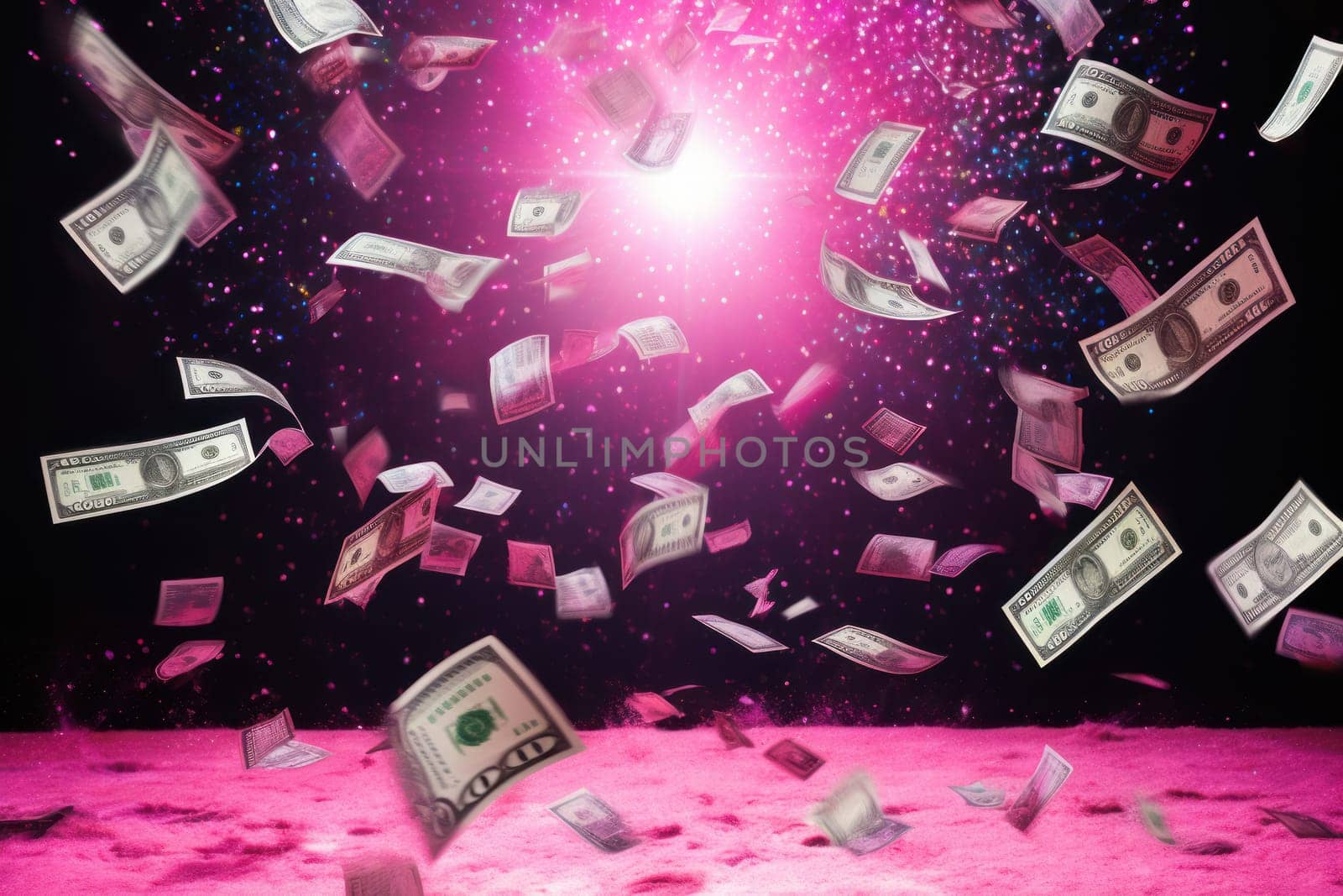 dollar bills falling with colorful background.