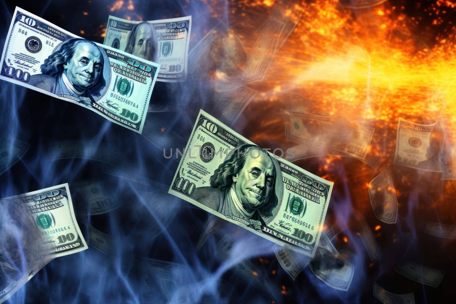 dollar bills falling with colorful background.