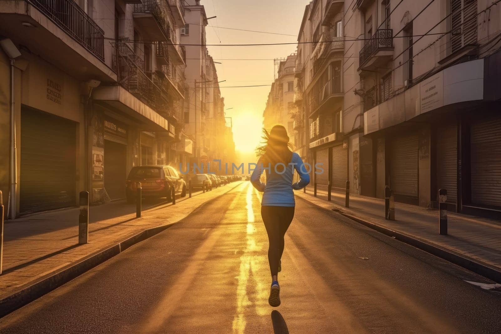 The back view of a woman running in the morning in the city streets.