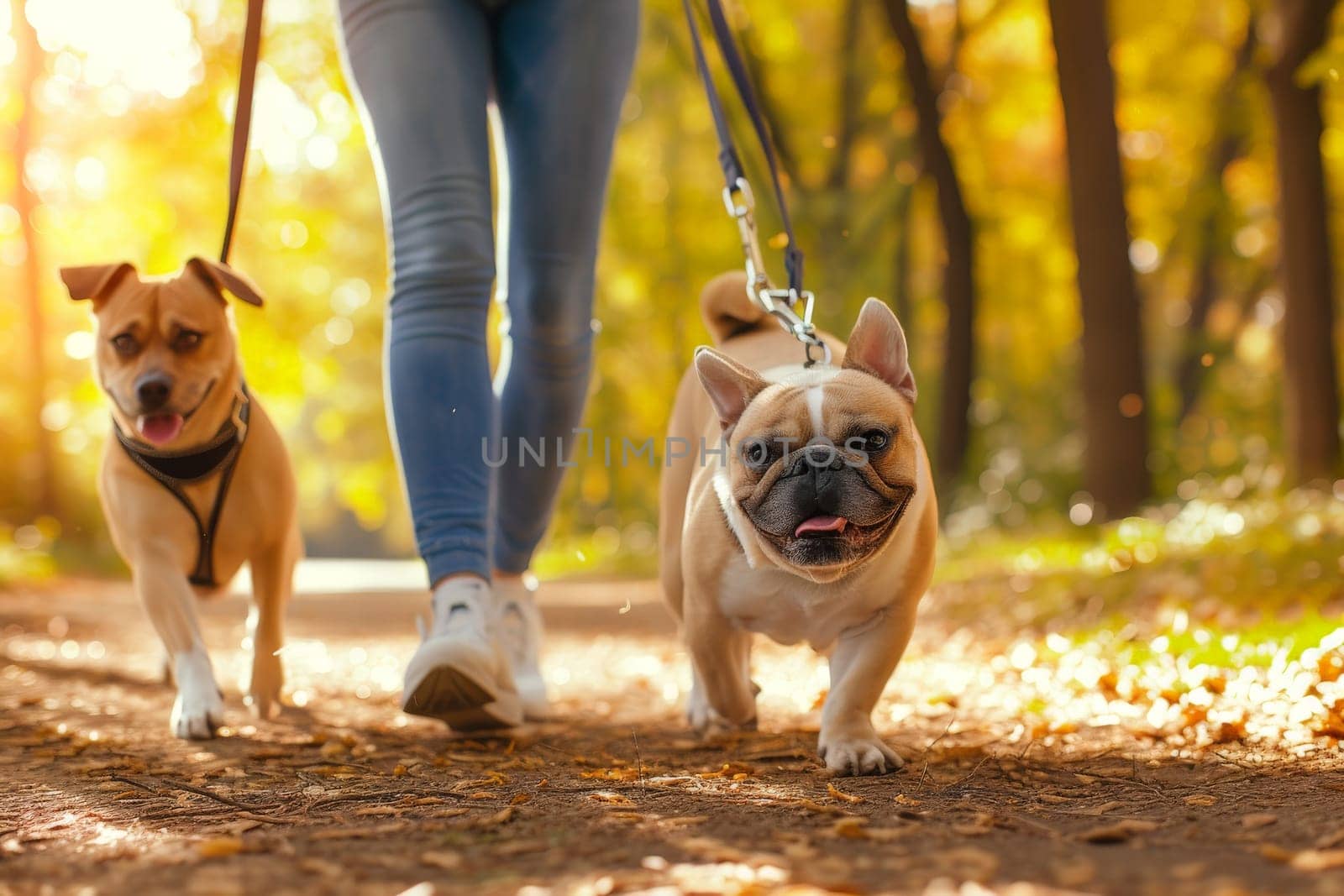 Close up shot of two dogs on leashes walking with owner.