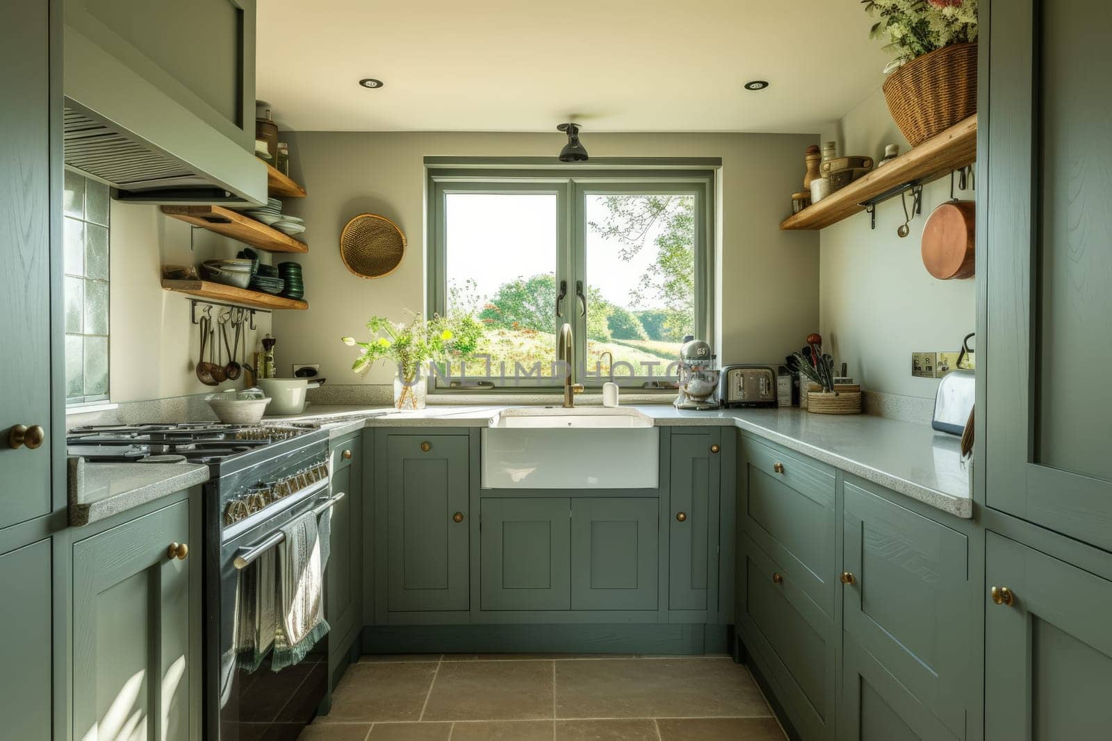 Photo of A compact kitchen cabinetry and a window above the sink area letting in daylight.