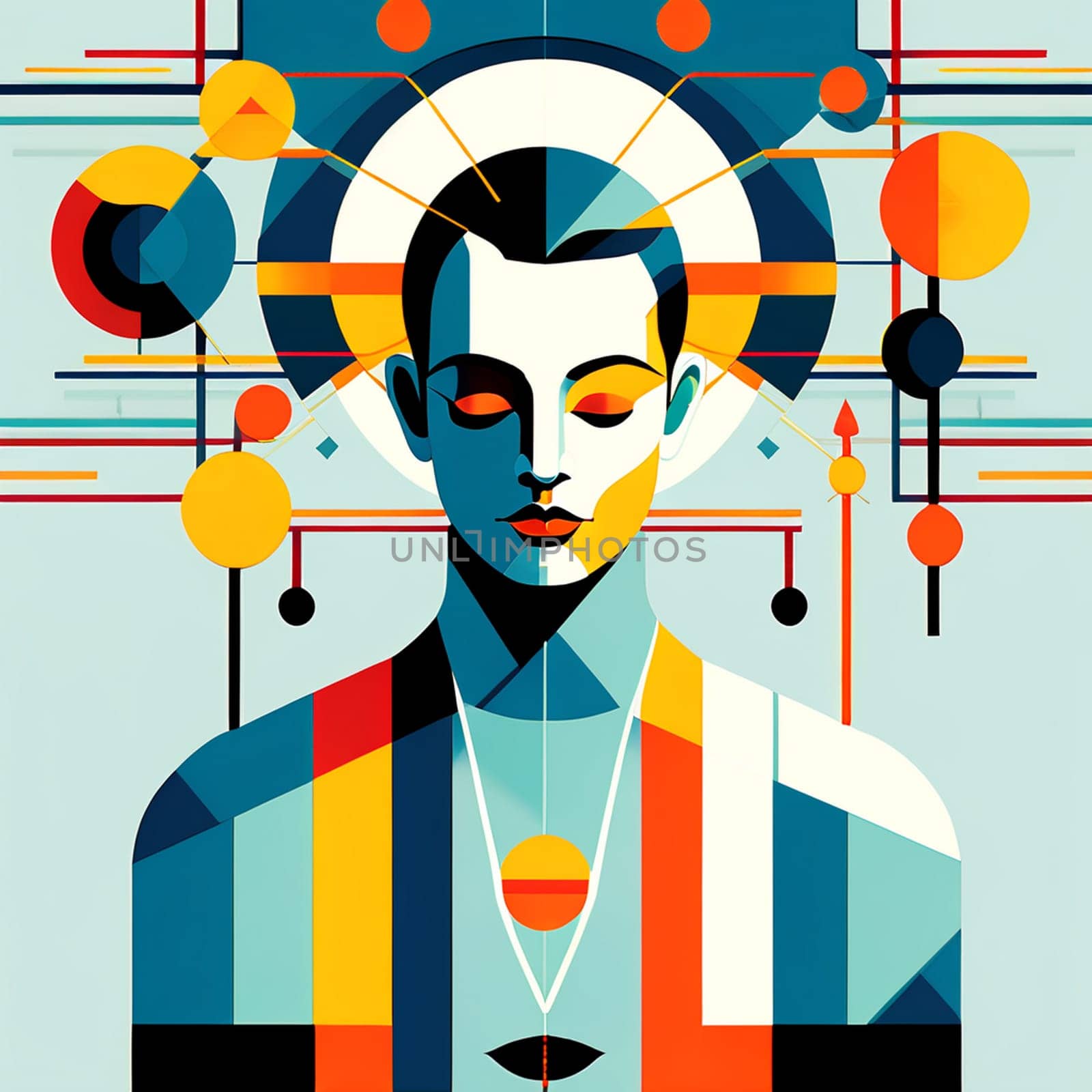 Abstract portrait collage of young woman deep in meditation. Bauhaus inspired. AI generated.