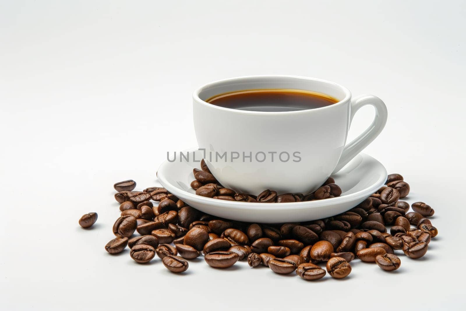 Hot coffee in white cup with coffee beans. white background. generate ai.