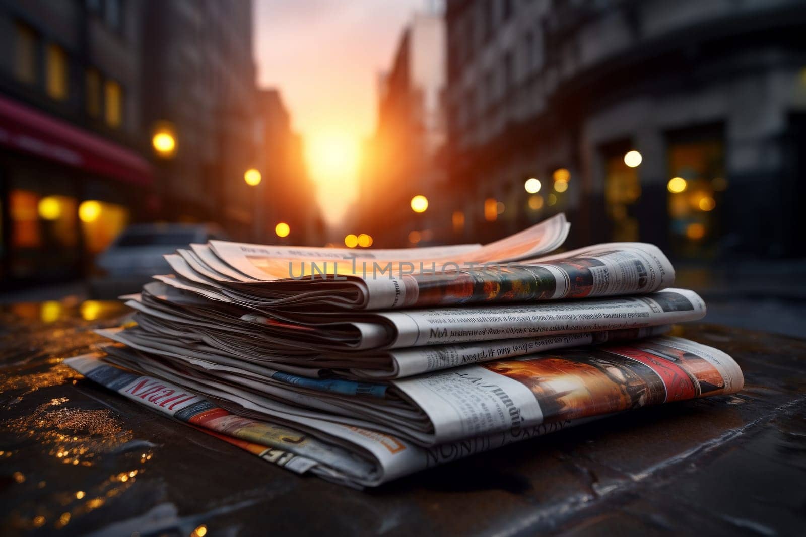 Pile of newspapers on blur background. Generative AI.