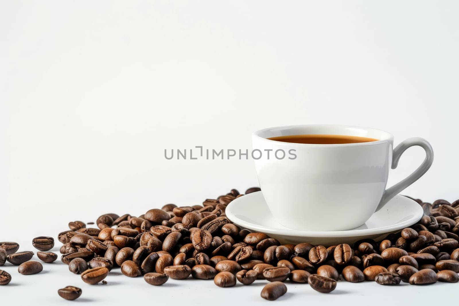 Hot coffee in white cup with coffee beans. white background. generate ai.