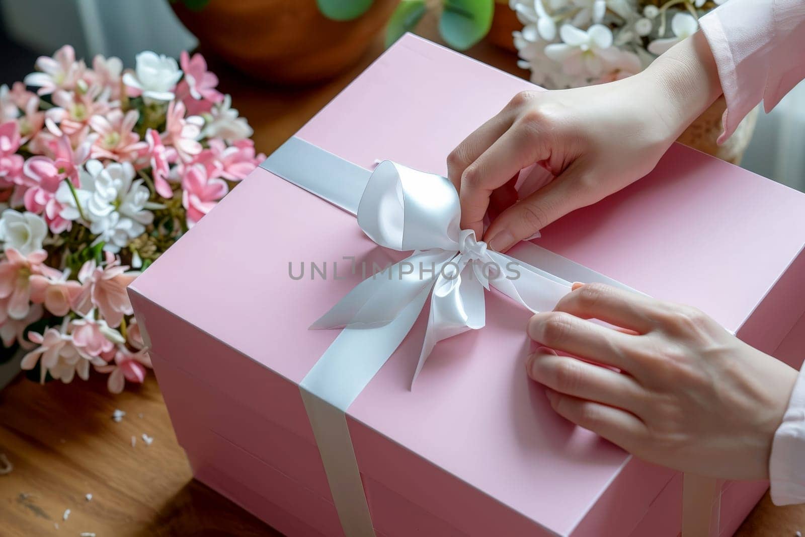 Woman packaging a gift for posting tying a pink ribbon around a giftwrapped box. Generated ai.