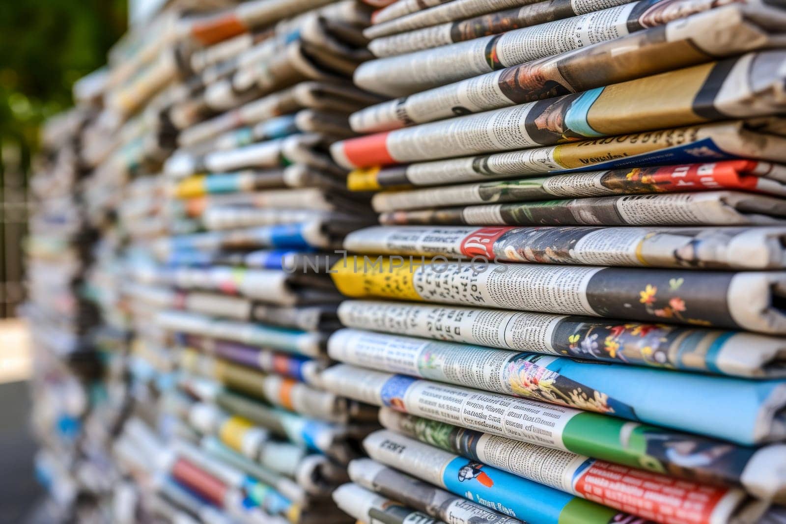 Pile of newspapers on blur background. Generative AI.