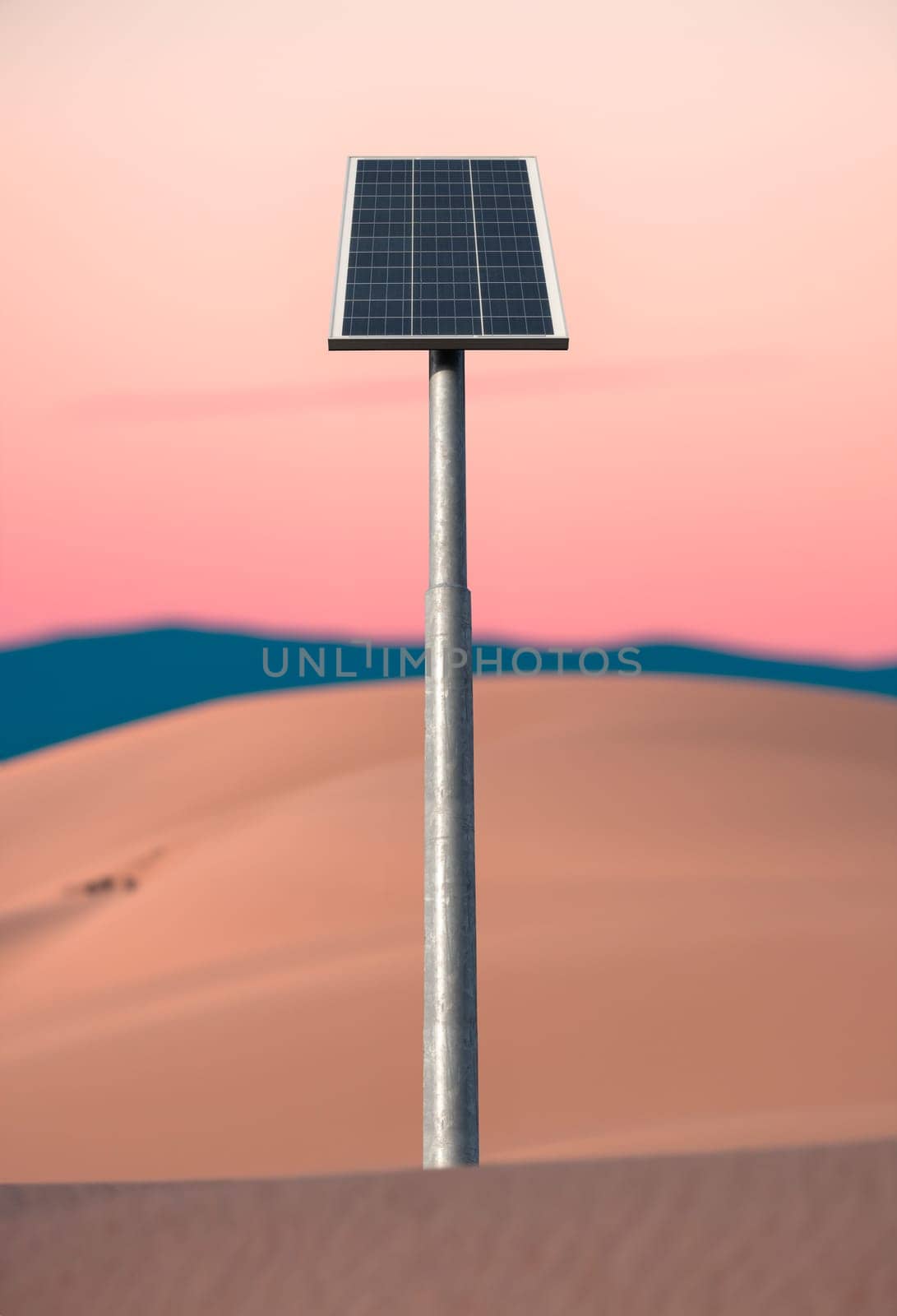 A Solar Panel In A Remote Location In A Desert, At Sunset
