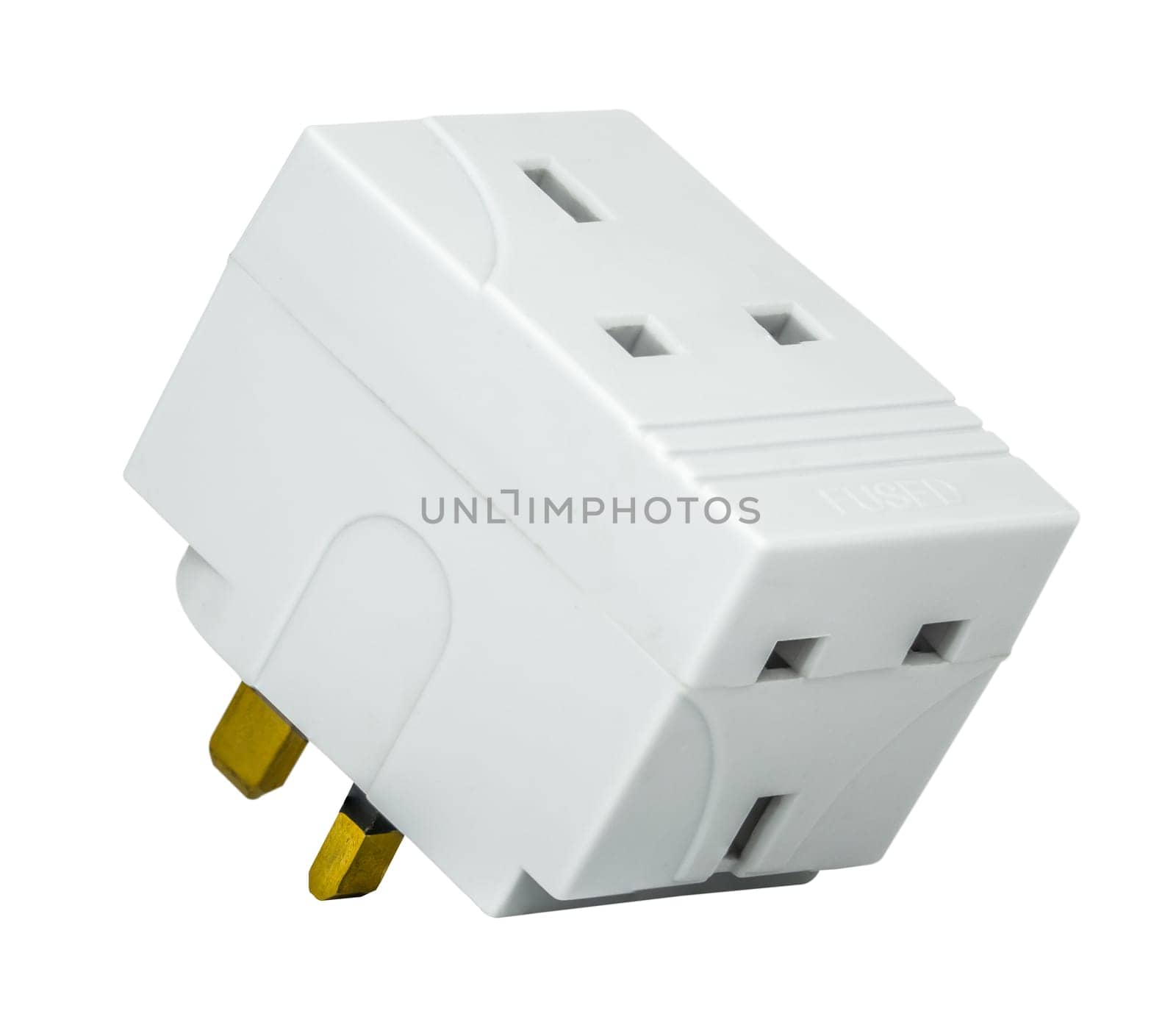 Isolated UK Mains Power Cube Adaptor Plug On A White Background