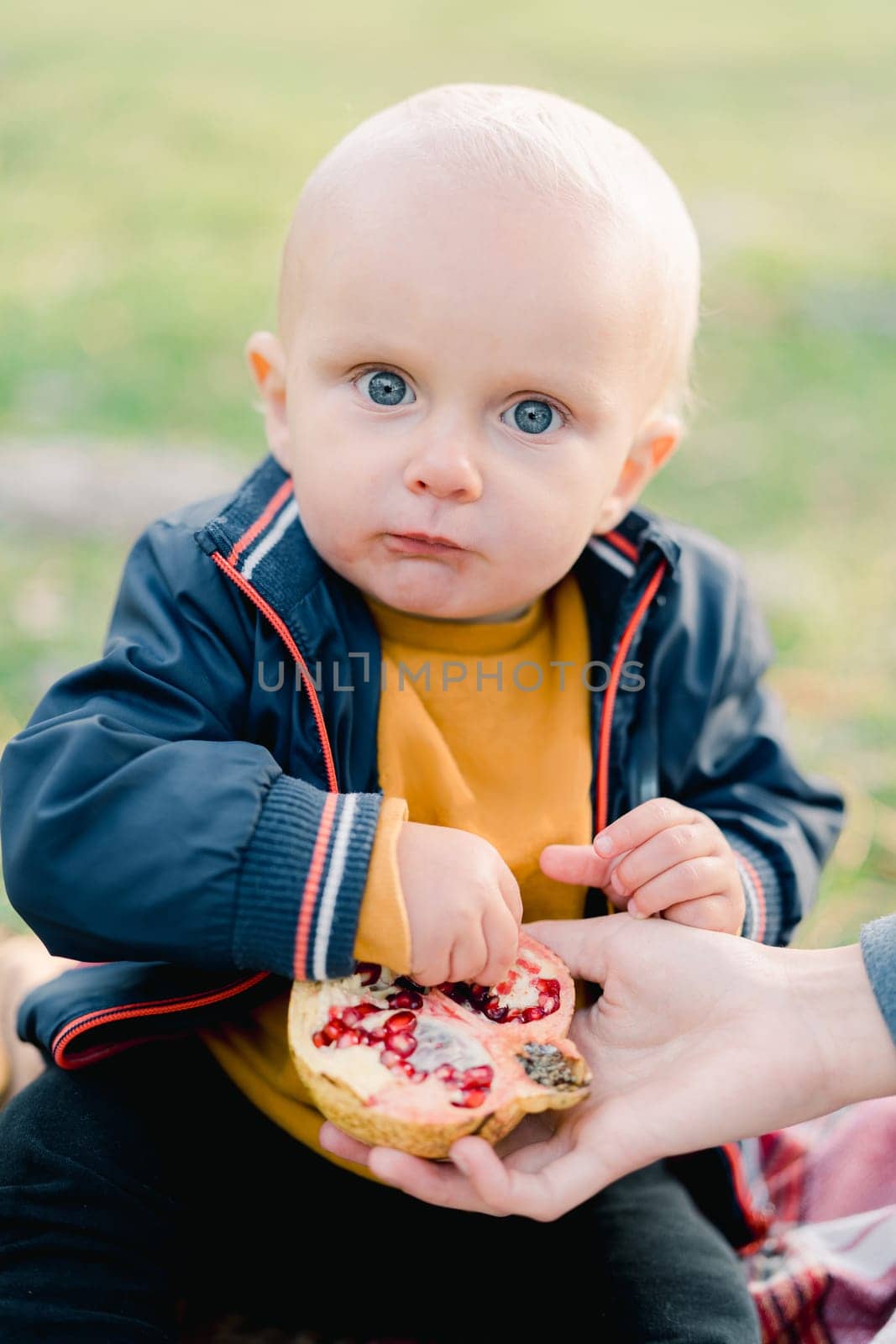 Little boy picks out pomegranate seeds from his mother palm while sitting on a blanket in the park. Cropped. High quality photo