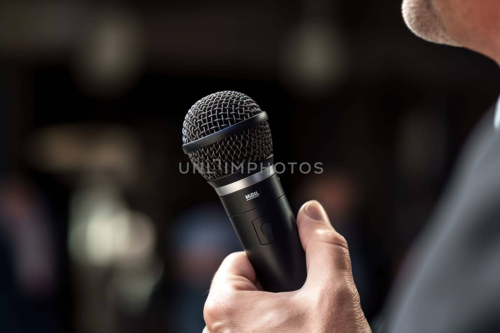 Professional Media interview hand a hold microphone after a press conference.