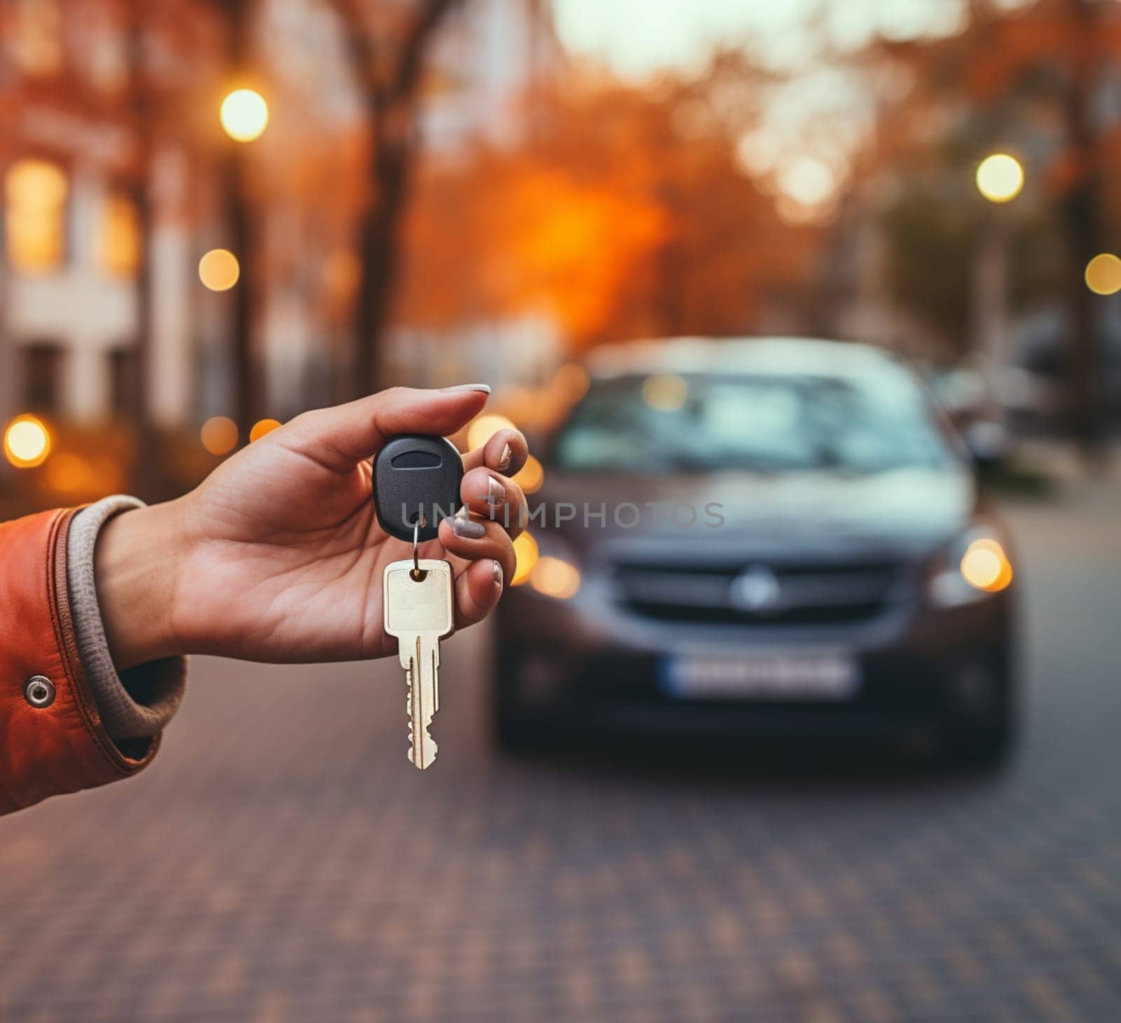 Man holding car keys with car on background by Andelov13