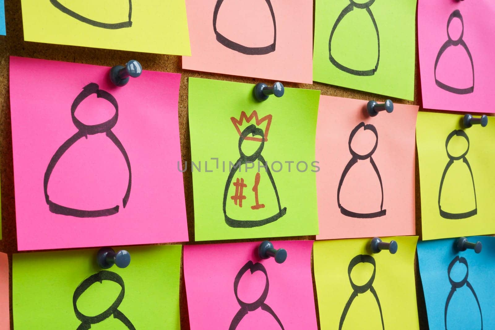 Performance Appraisal concept. Figures on stickers and one with crown as the winner.