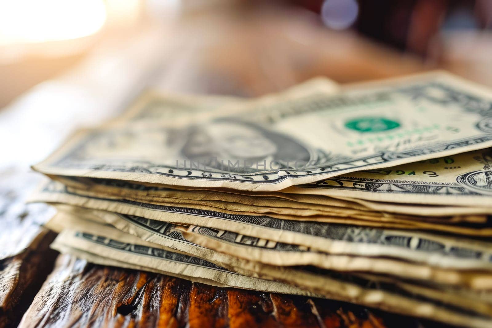A stack of money, consisting of various banknotes, neatly placed on top of a sturdy wooden table.
