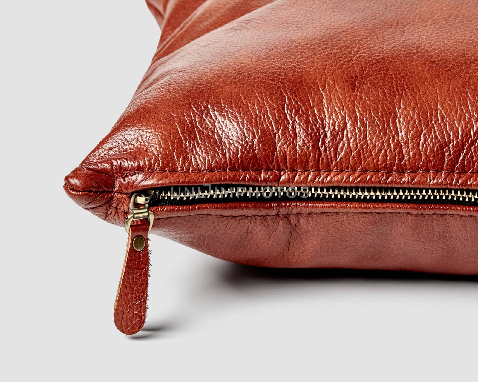 Closeup detailed view of brown leather couch cushion with side zipper by nazarovsergey