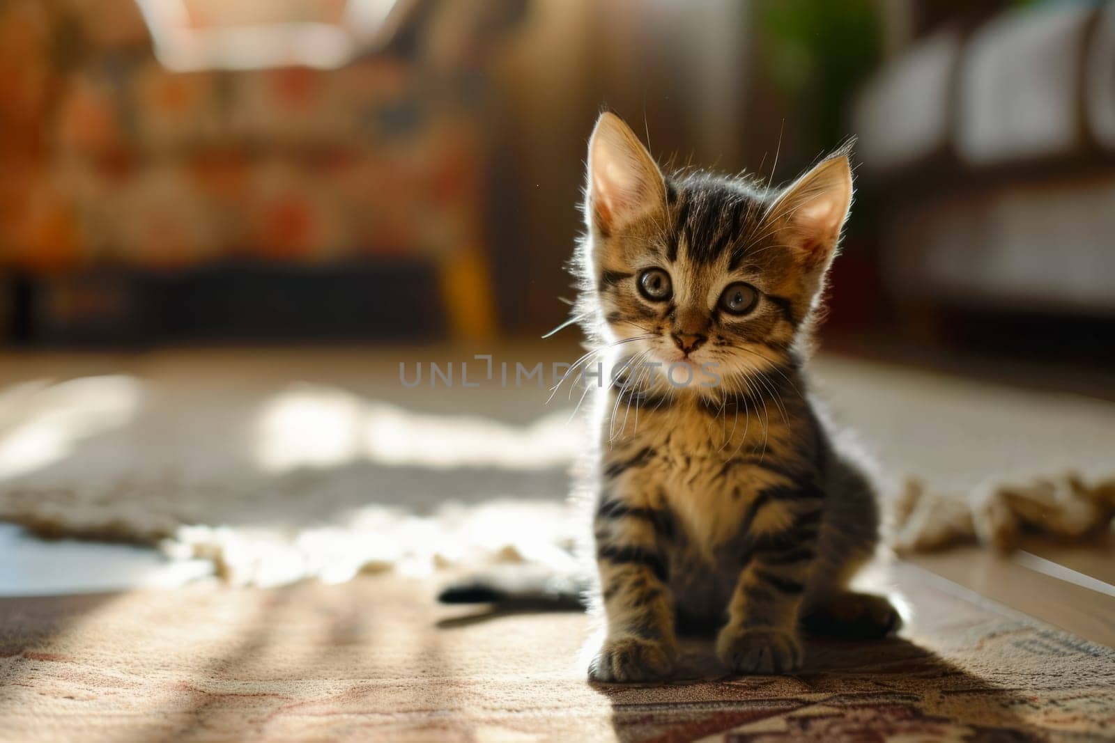 A small kitten is sitting on the floor, peacefully observing its surroundings.