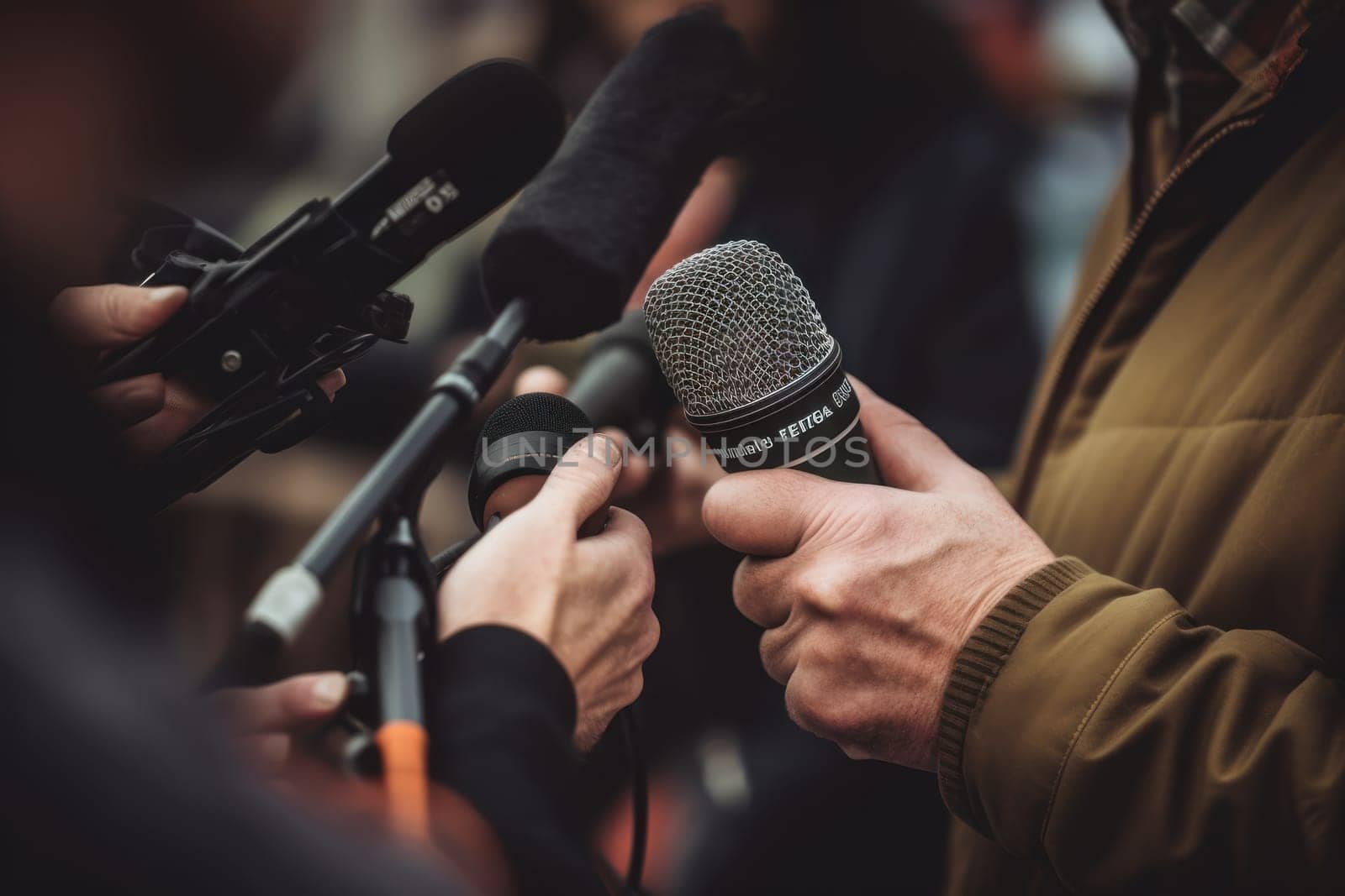 Professional Media interview hand a hold microphone after a press conference.
