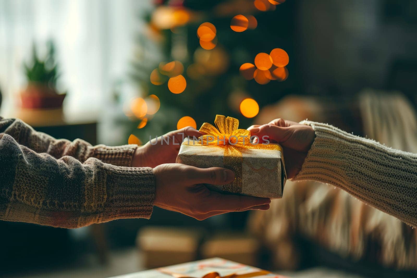 Two individuals holding a wrapped gift box adorned with a flower on its surface.