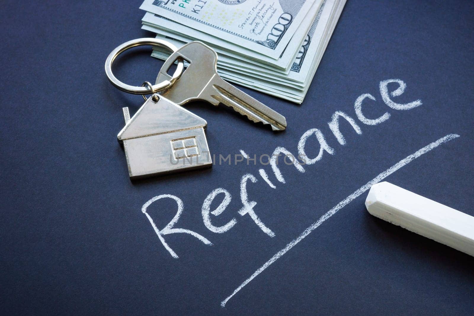 White chalk inscription refinance, keys and money.