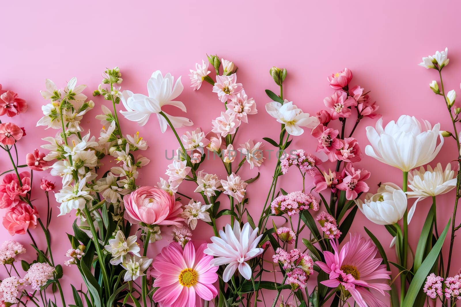 A vibrant assortment of flowers arranged in a bouquet, displayed on a bright pink wall.