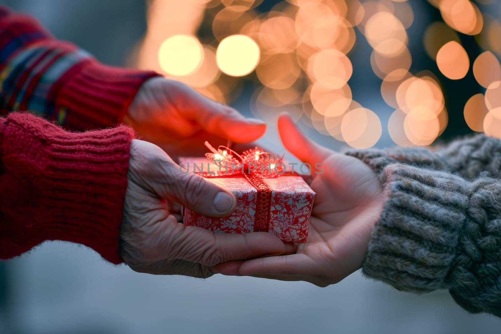 Two individuals holding a small gift box while illuminated lights create a backdrop.