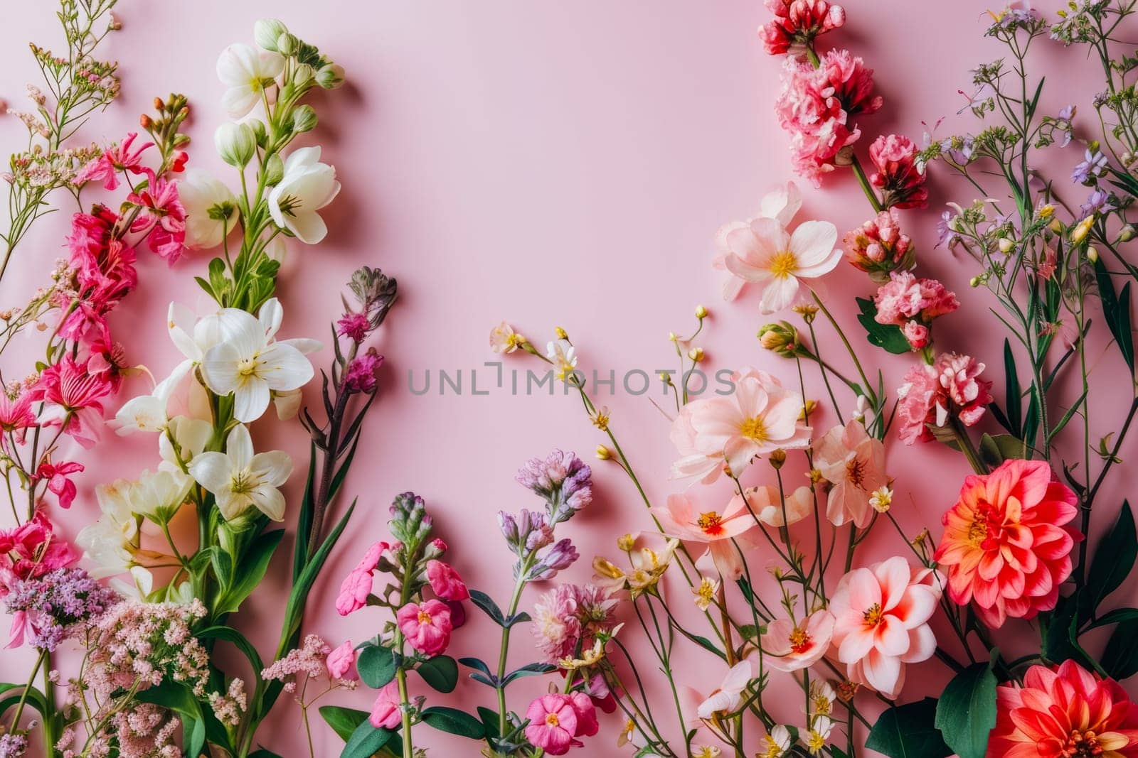 A collection of various vibrant flowers arranged neatly on a smooth pink surface.
