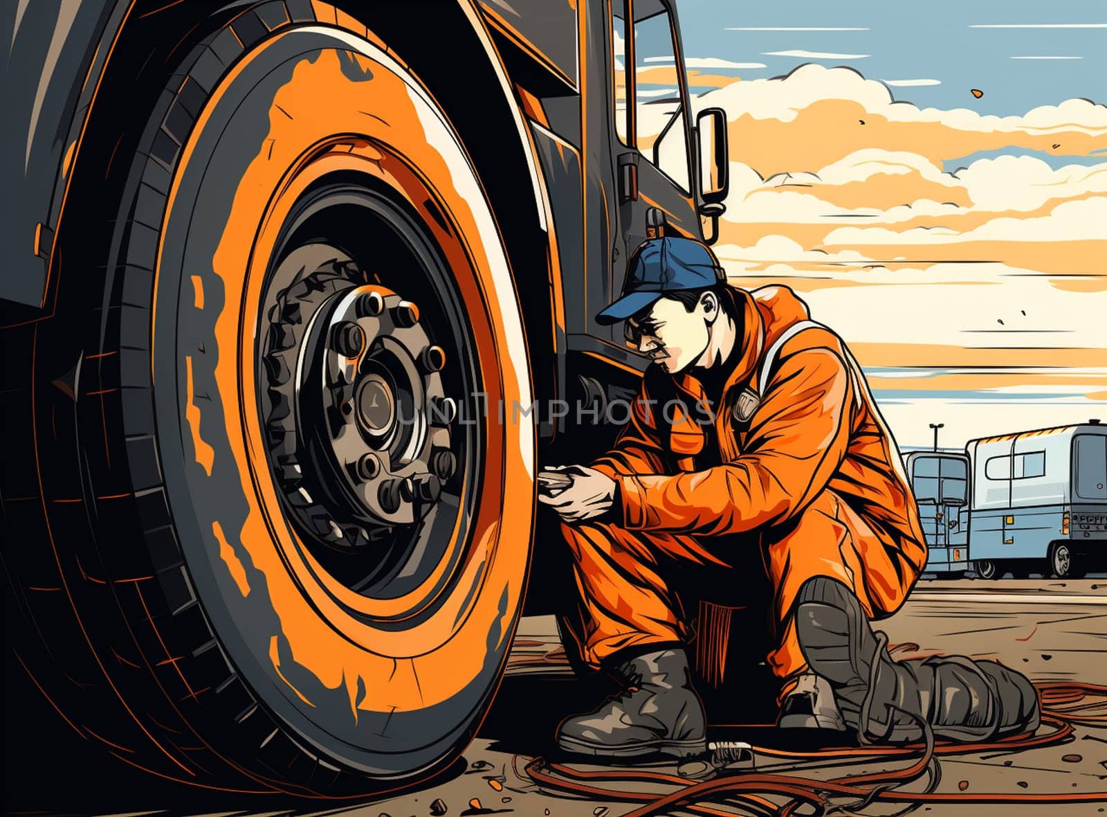 A motivated auto-mechanic in working uniform rolling tire and preparing to change it. by Andelov13