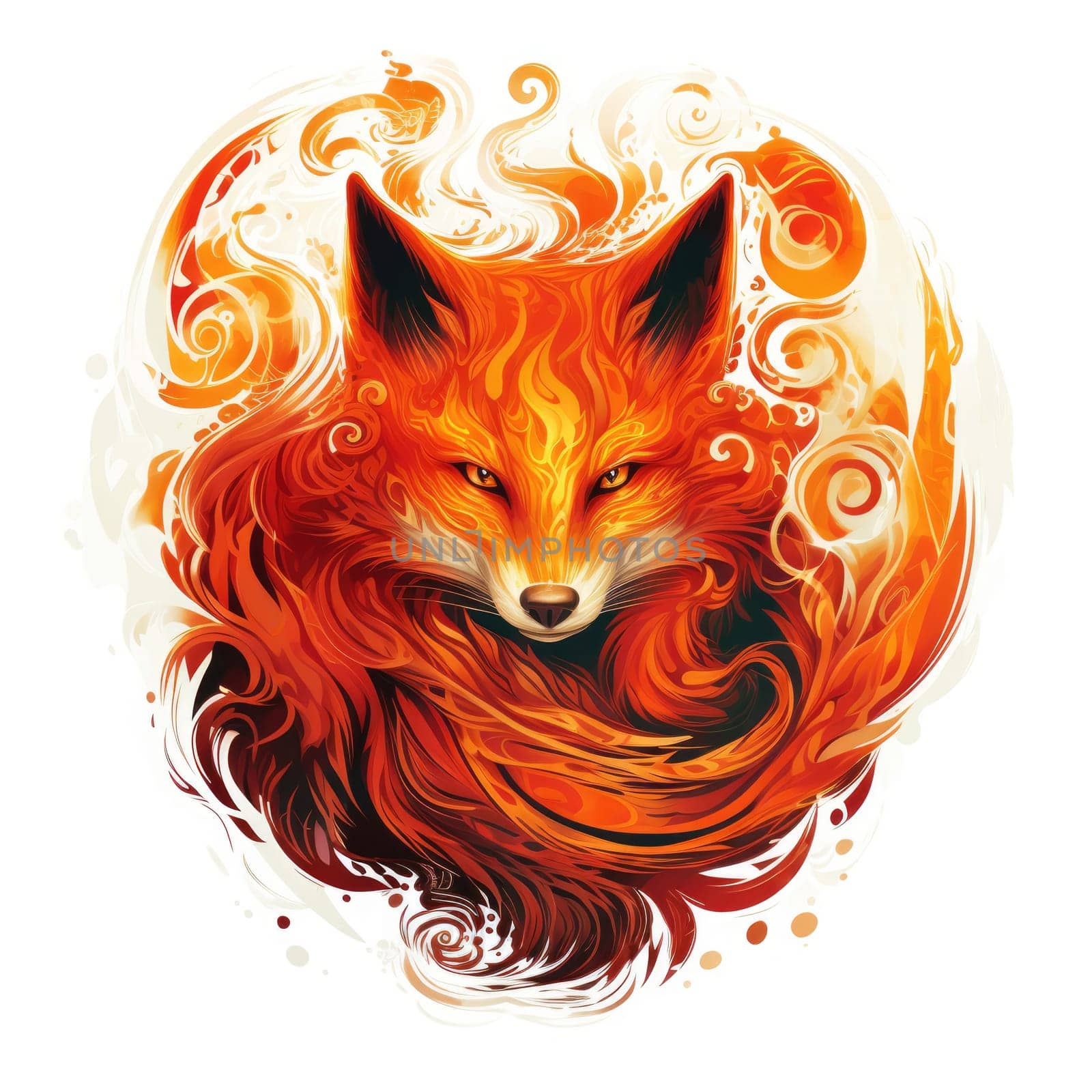 Decorative art style image of fox isolated on white background as a graphic design element for poster, t-shirt print, sticker, logo, etc.