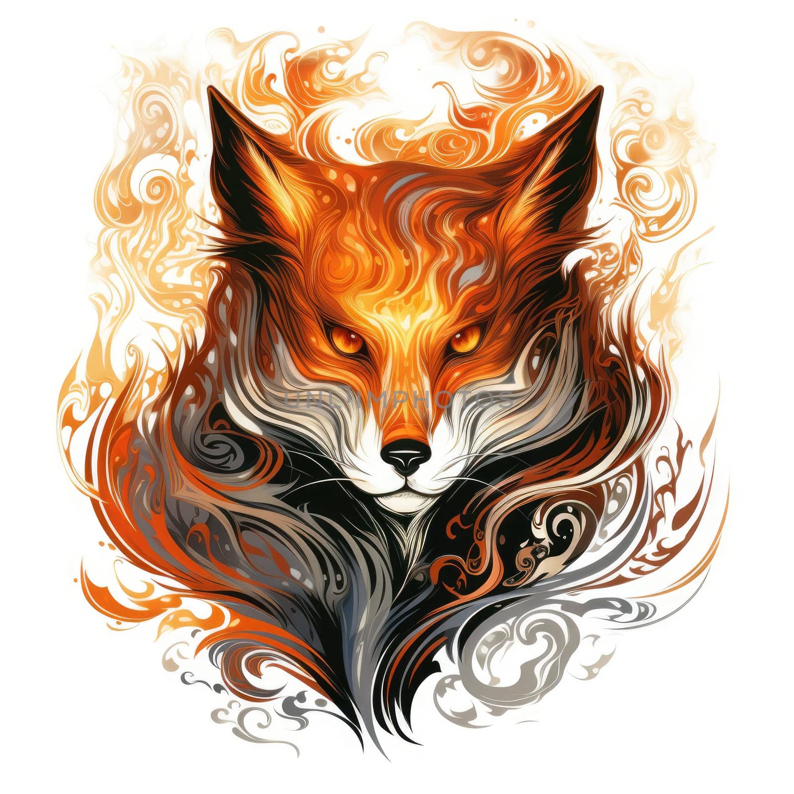 Decorative art style image of fox isolated on white background as a graphic design element for poster, t-shirt print, sticker, logo, etc.